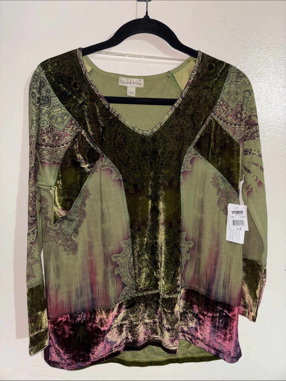 Velvet Accent Green and Pink Paisley V-Neck Women's Top
